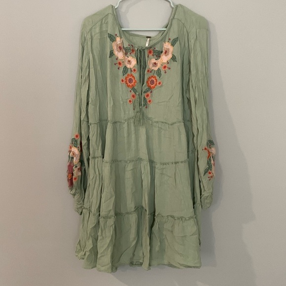 FREE PEOPLE Spell On You Embroidered Mini Dress in Earth Sage Size L - Picture 2 of 13